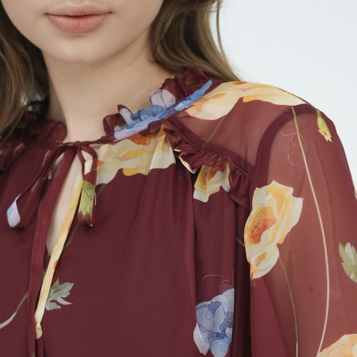 SIXDO G-Wine Floral Voile Flared Dress for Women